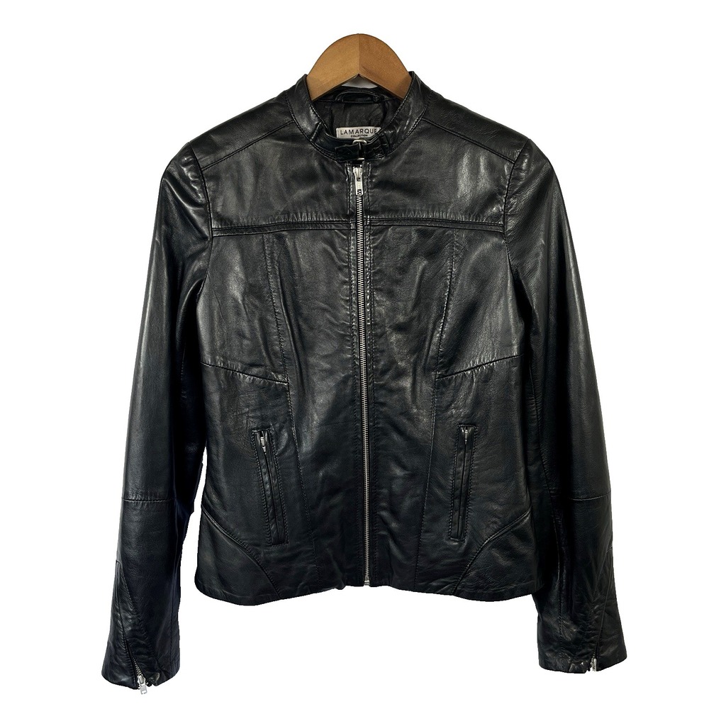 Lamarque Collection Womens Ariel 100% Leather Jacket S‎ Black Moto Biker Fitted - Picture 2 of 16